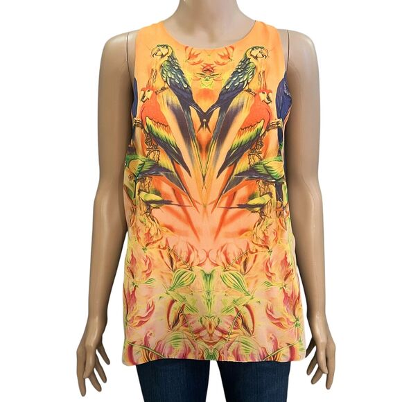 Walter Baker Parrot Print Tropical Tank Top Open Sides Orange Multi Beachy - Picture 1 of 10